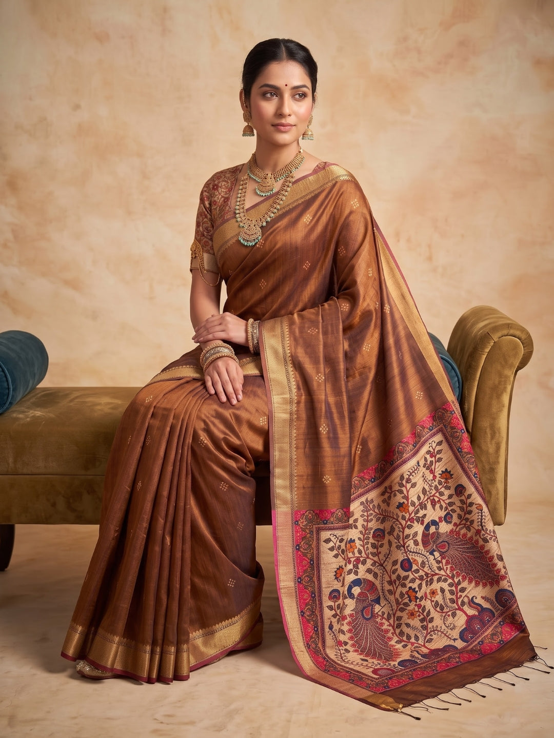 A woman seated on a velvet bench wearing a brown silk saree with a heavily embroidered multicolor border and a matching blouse, posed against a warm beige textured backdrop.