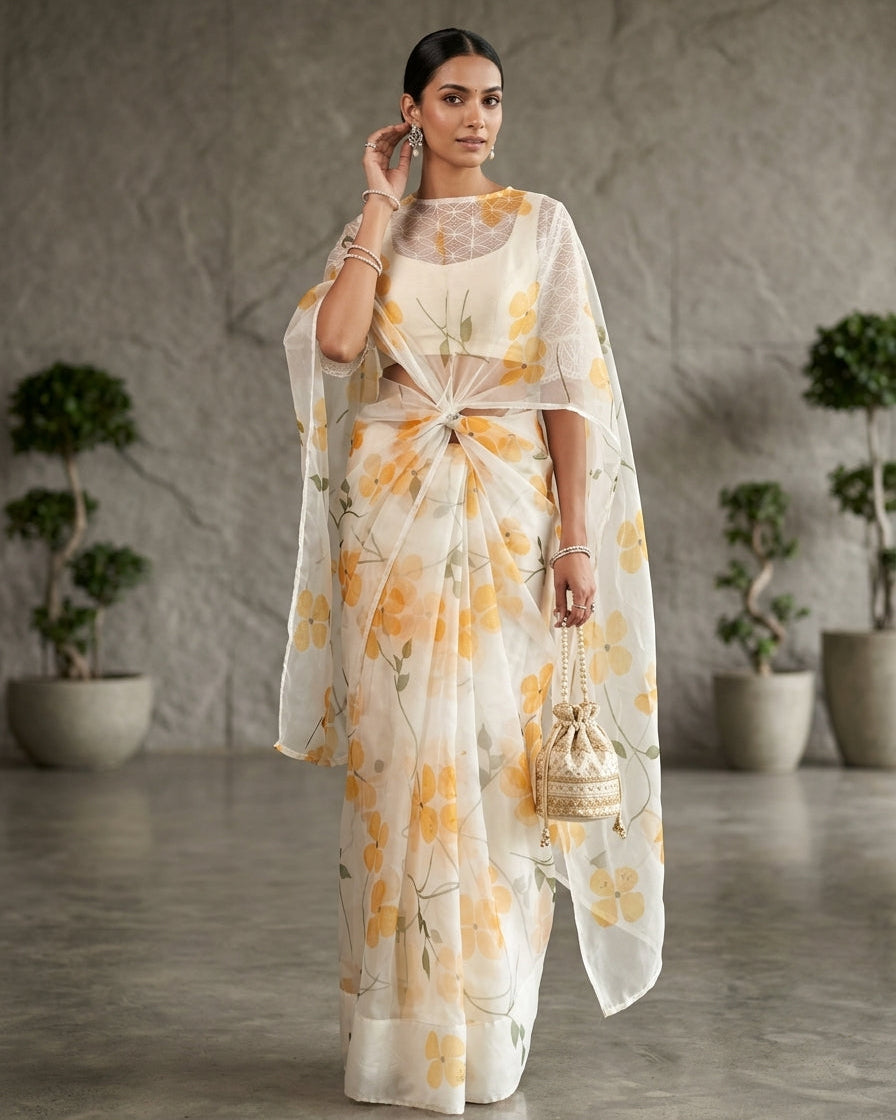 Woman in a floral outfit standing in a room with plants