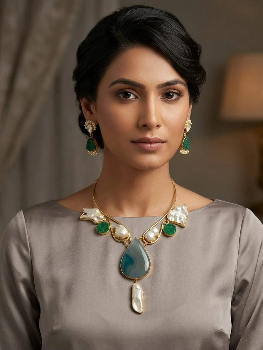Neelam Noor Emerald Pearl Aura Necklace