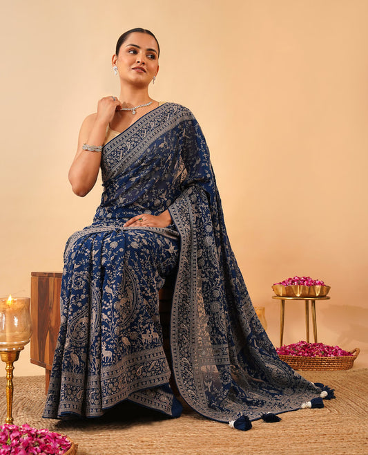 Obsidian Black Hand-Embroidered Saree with Contrast White Aari Work