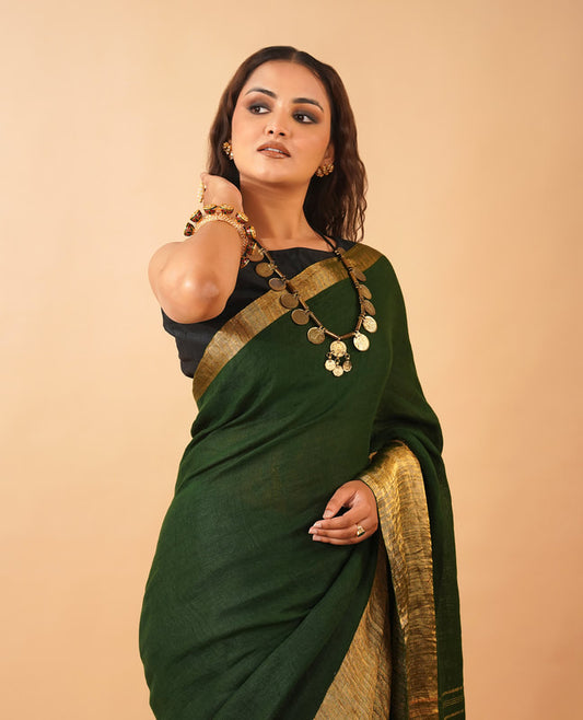 Forest Emerald Linen Saree with Wide Antique Zari Border