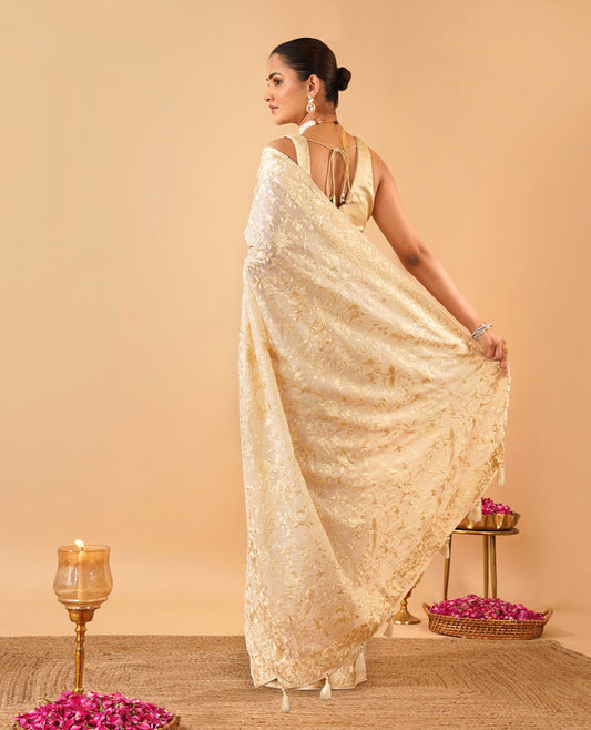 Hand-Embroidered Ivory Organza Saree with Floral Resham Work