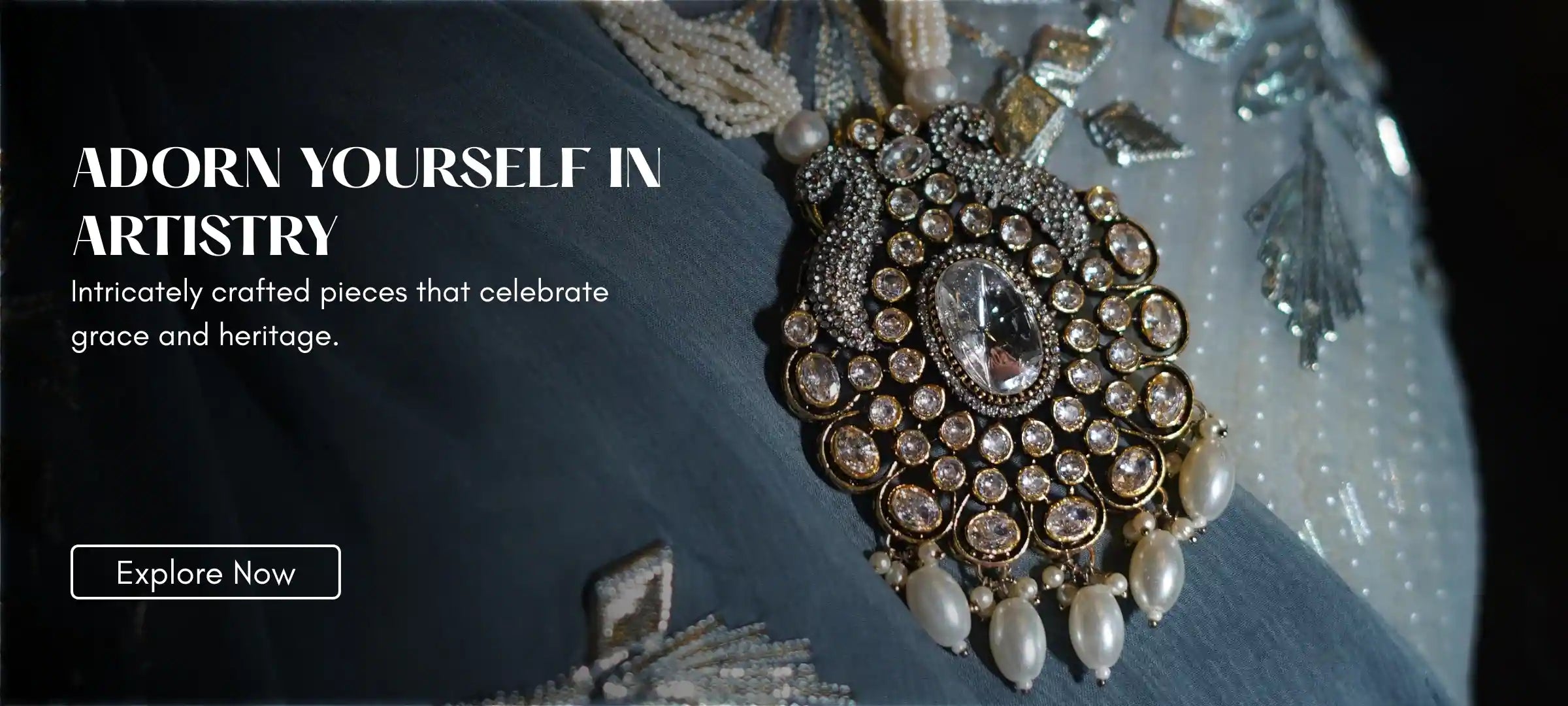 Elegant brooch with intricate design on a textured surface, accompanied by promotional text.