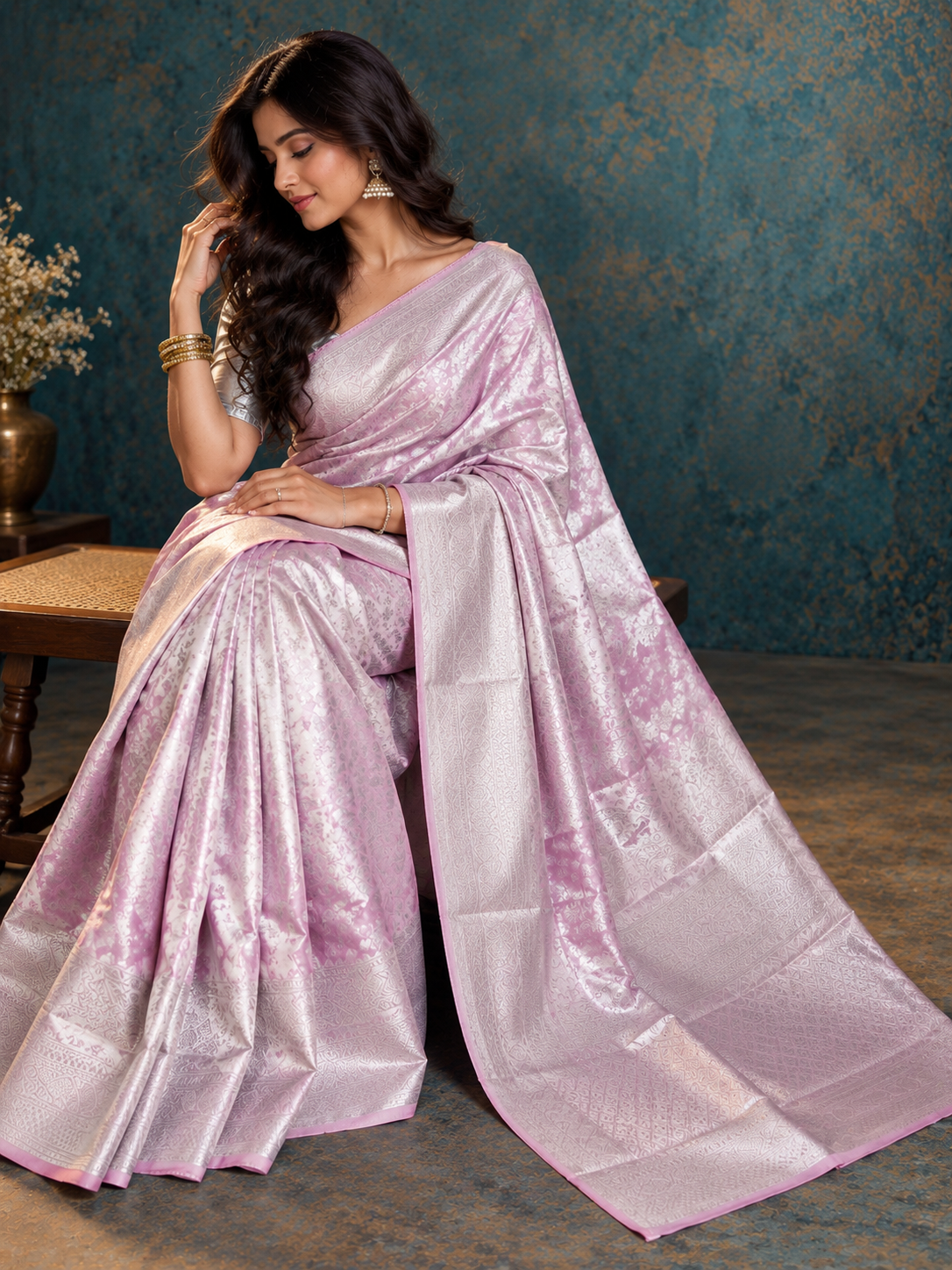 Blush Ivory Floral Jacquard Sari
