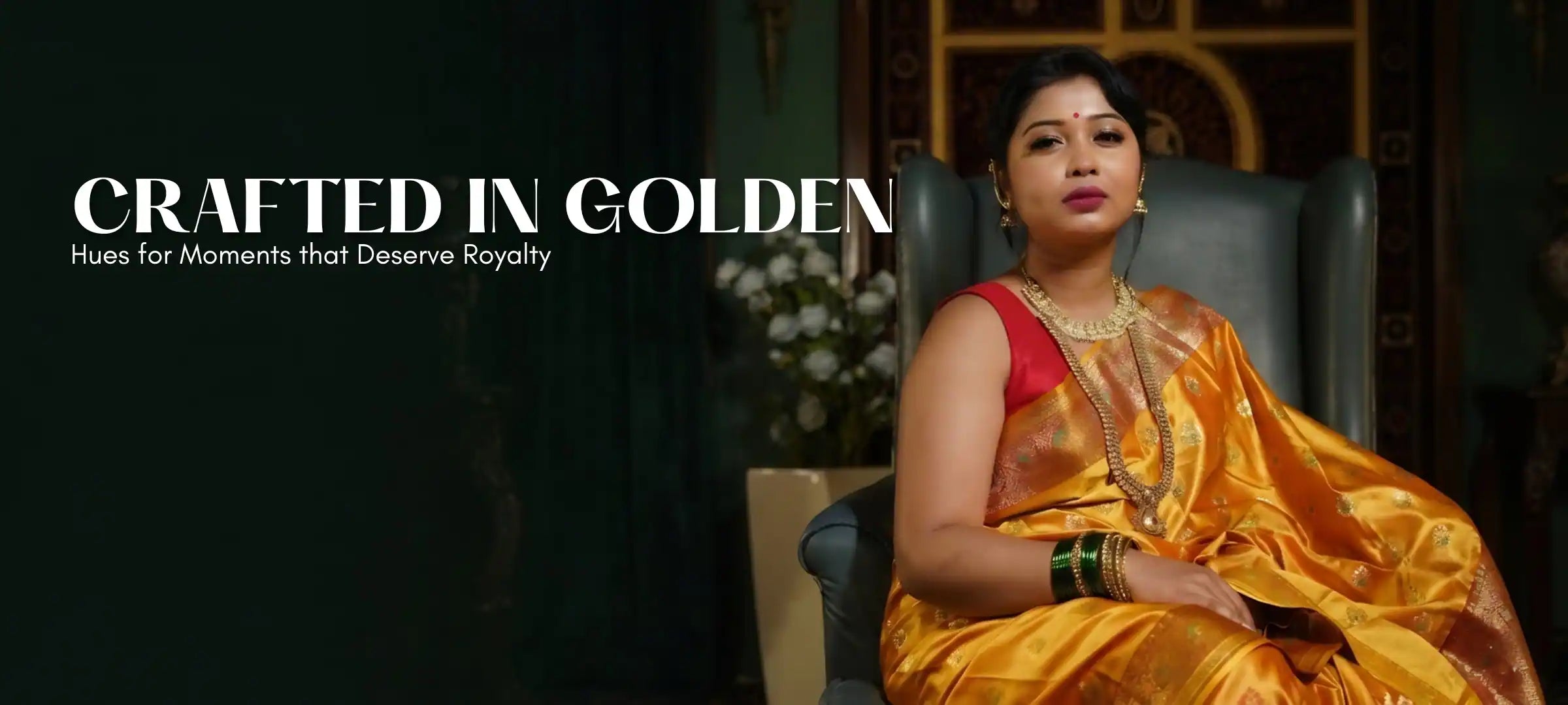 Woman in a yellow saree with text 'Crafted in Golden' on a dark background