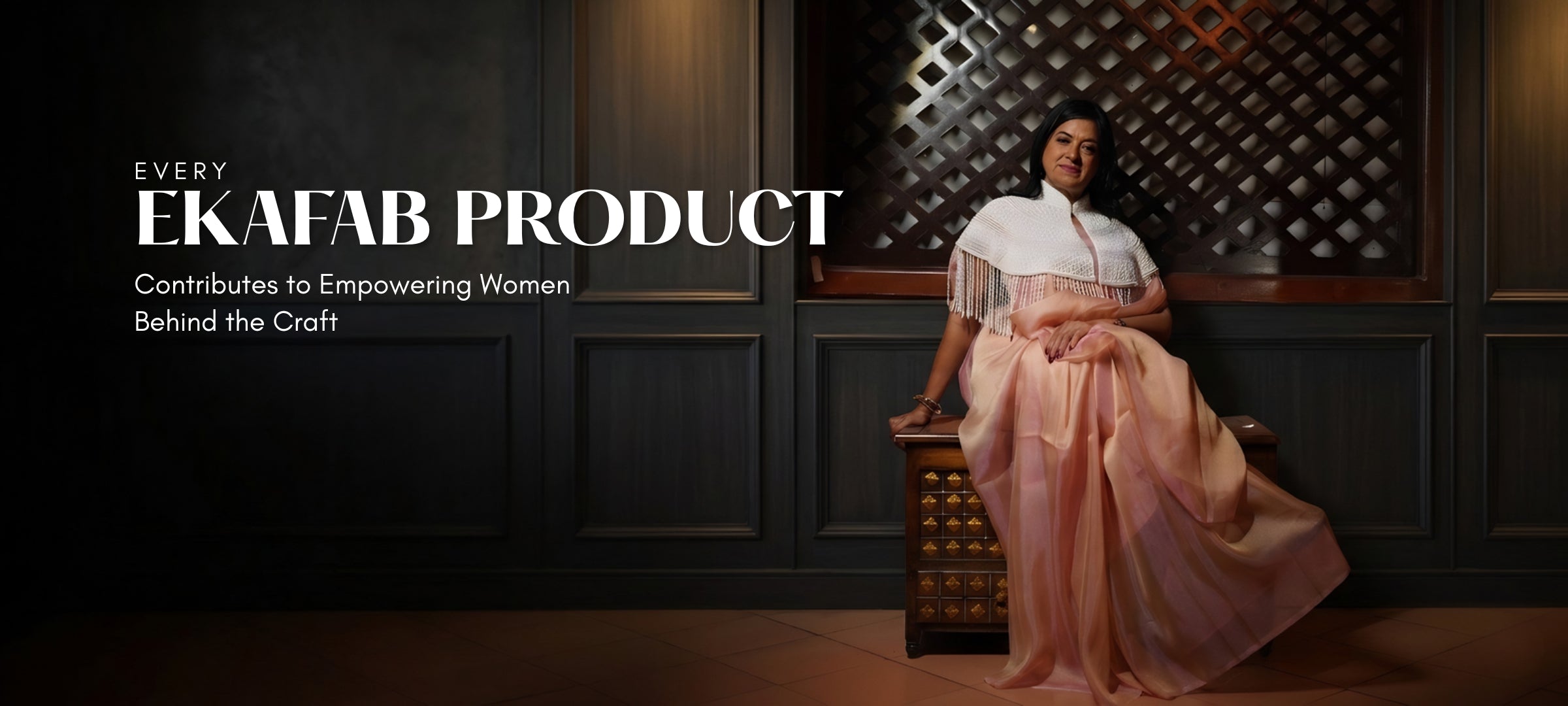 Woman in a pink dress sitting on a wooden stool with text about EKAFAB products.