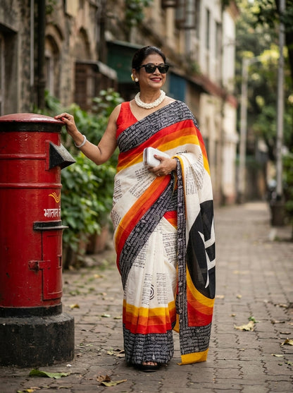 Woman in a colorful saree standing next to a red mailbox on a street.
