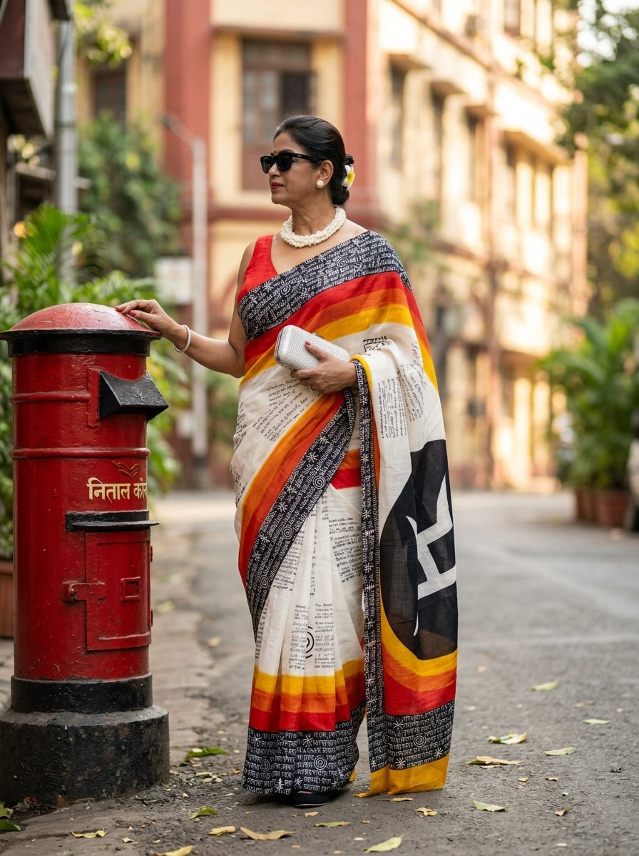 Woman in a colorful saree standing next to a red mailbox on a street.