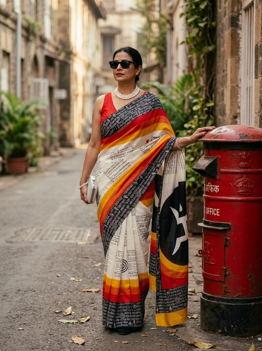 Woman in a colorful saree standing next to a red mailbox in an urban setting