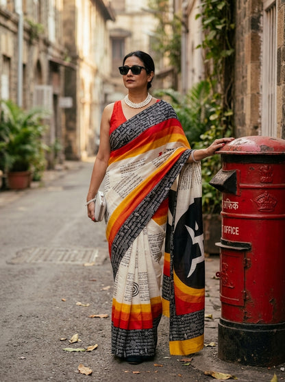 Woman in a colorful saree standing next to a red mailbox in an urban setting