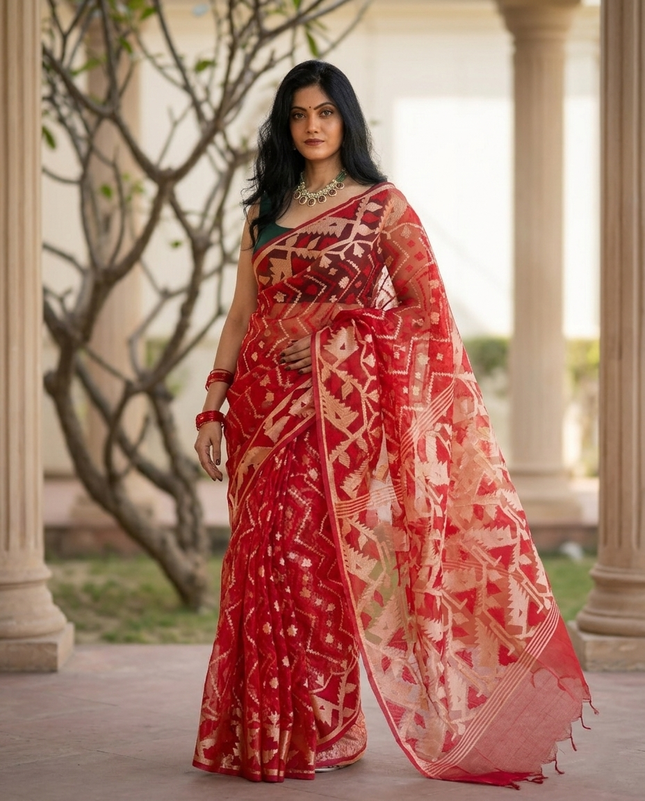 Woman wearing a red and white saree outdoors with columns and trees in the background