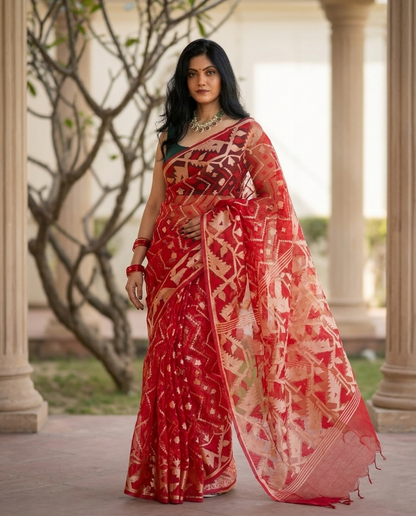 Woman wearing a red and white saree outdoors with columns and trees in the background