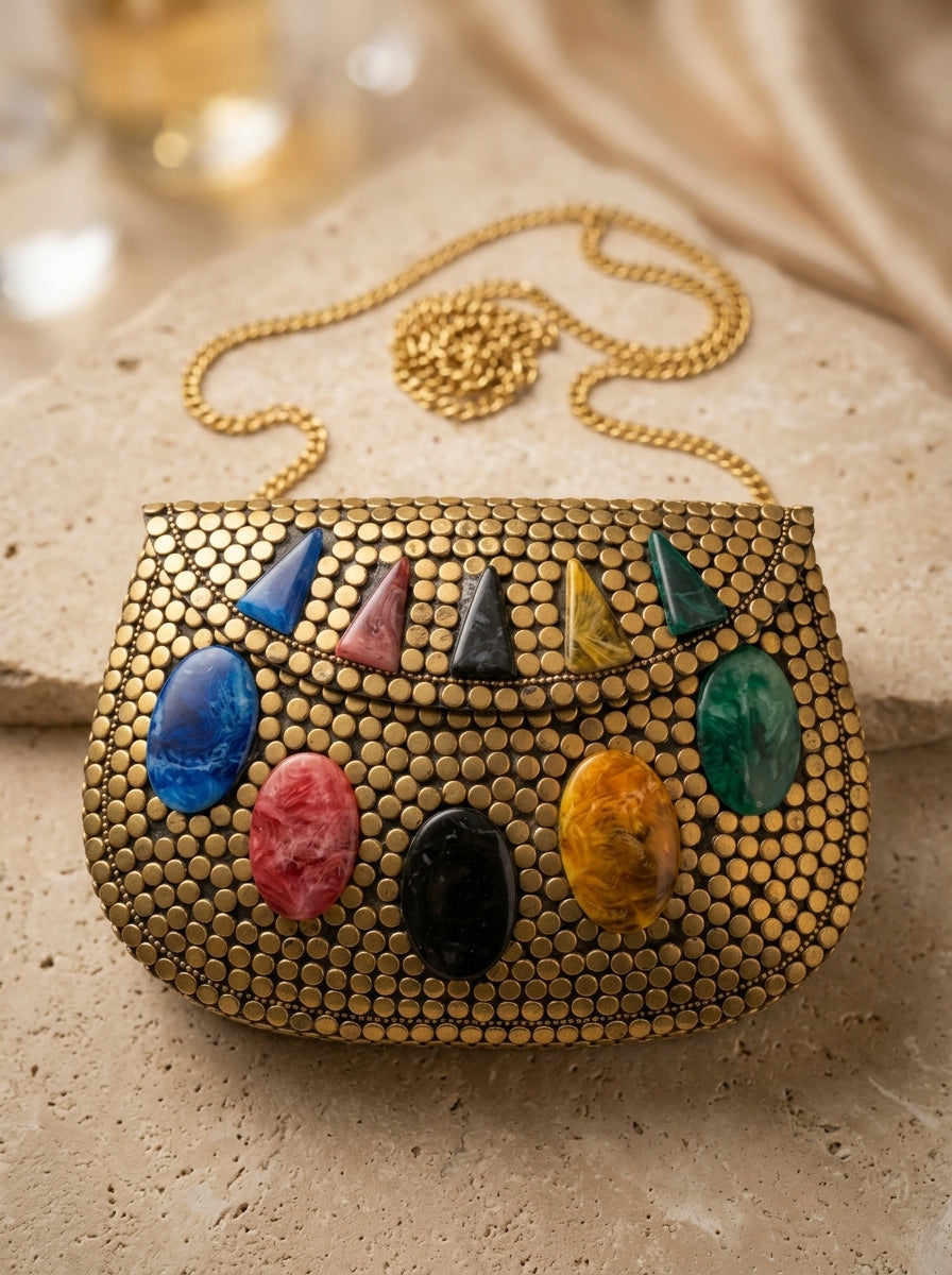 Gold handbag with colorful stones on a beige surface