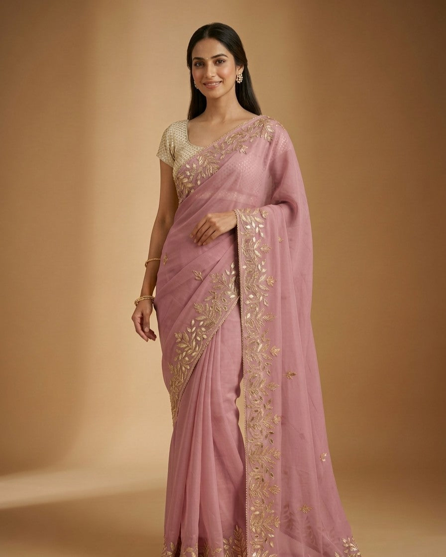 Woman wearing a pink saree with gold embroidery on a beige background