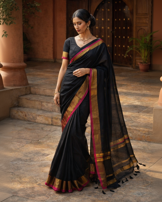 Woman wearing a black saree with gold and red border in an outdoor setting