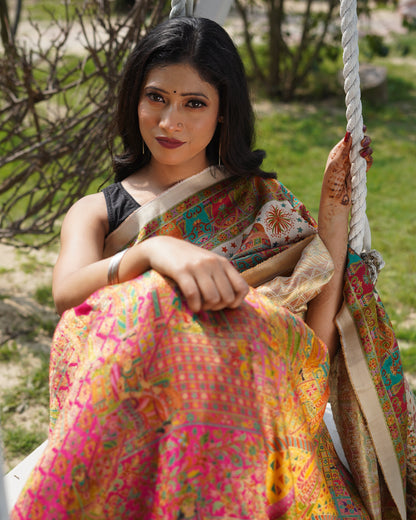 Woman in a colorful traditional outfit standing on a rope with a natural background