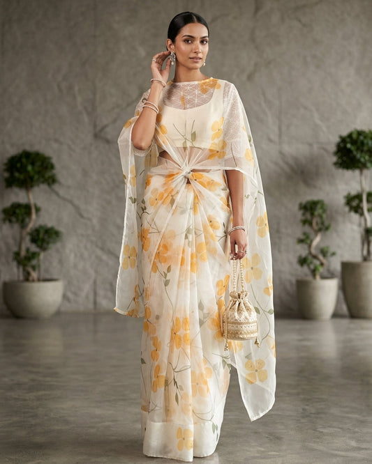 Woman in a floral outfit standing in a room with plants
