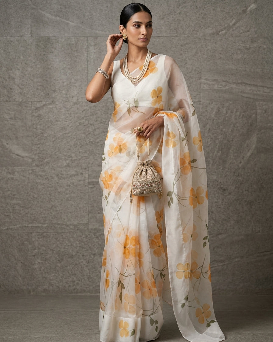Woman wearing a floral saree with a plain background