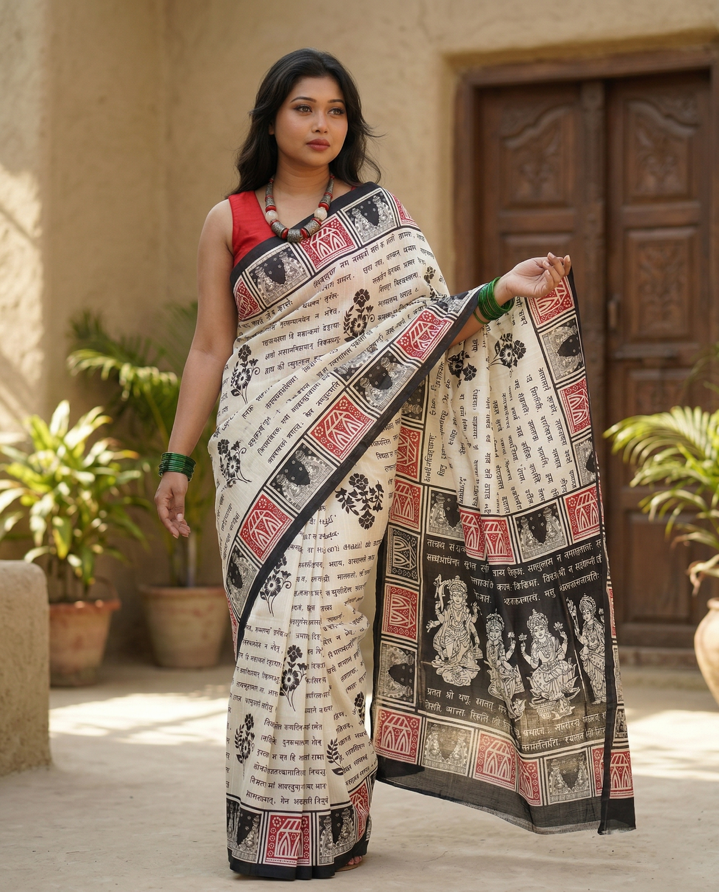 Woman wearing a traditional saree with intricate patterns in an outdoor setting.