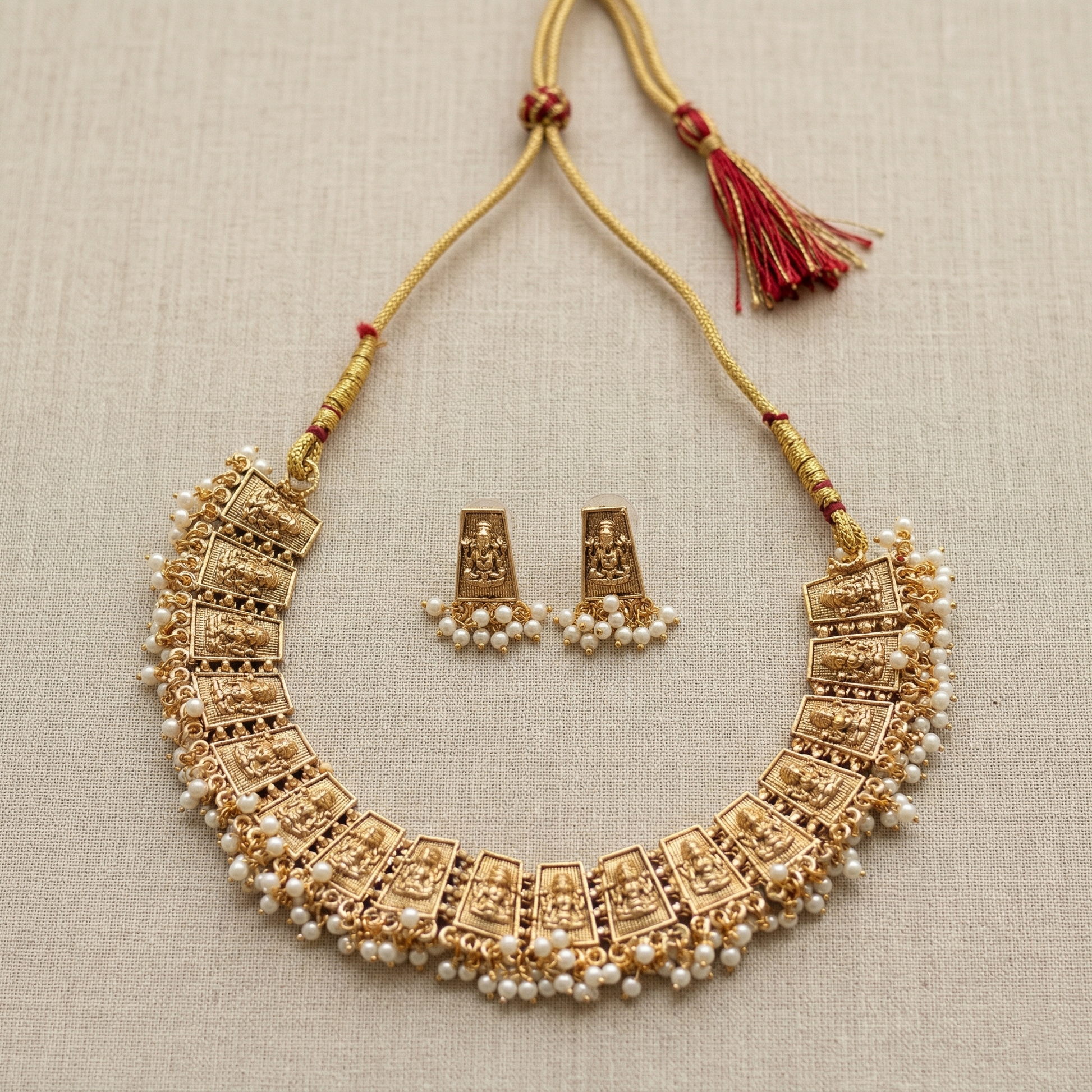 Gold necklace with pearl accents and matching earrings on a beige fabric background