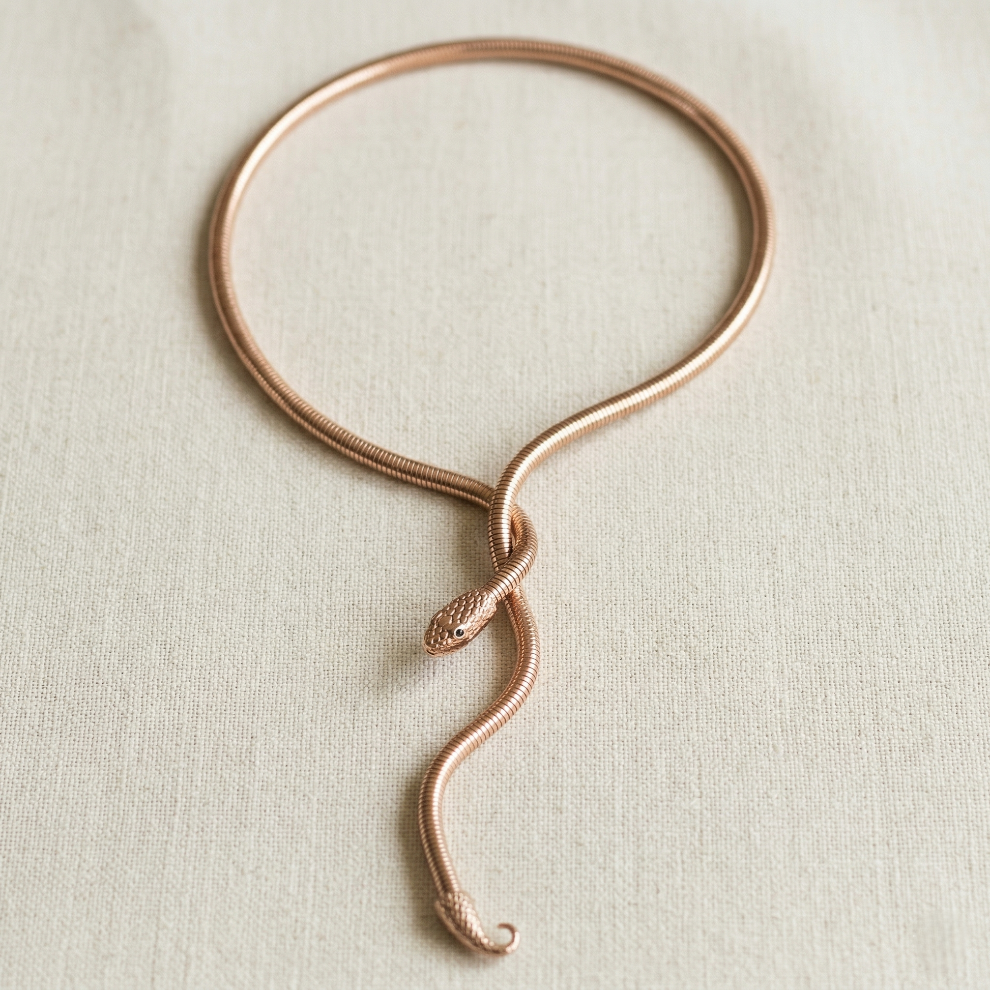 Rose gold snake necklace on a light beige fabric background