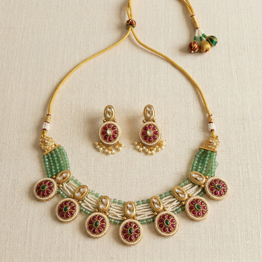 Gold necklace with green and red accents on a beige background
