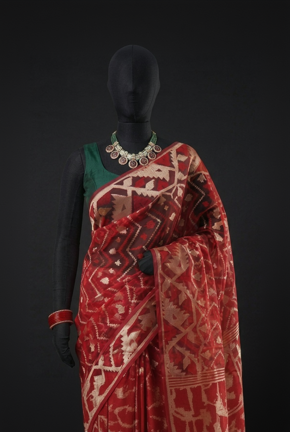 Mannequin wearing a red and white patterned saree with a black background