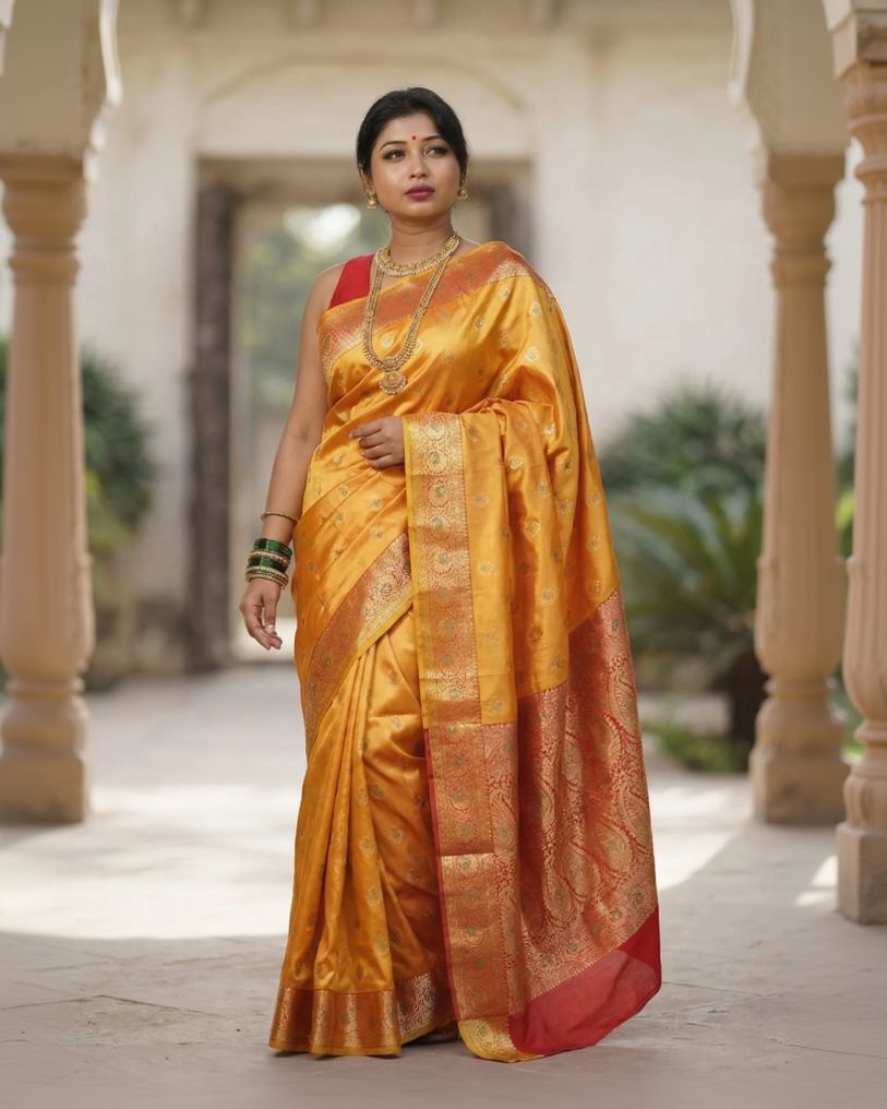 Woman wearing a traditional yellow saree with a red border in an outdoor setting.