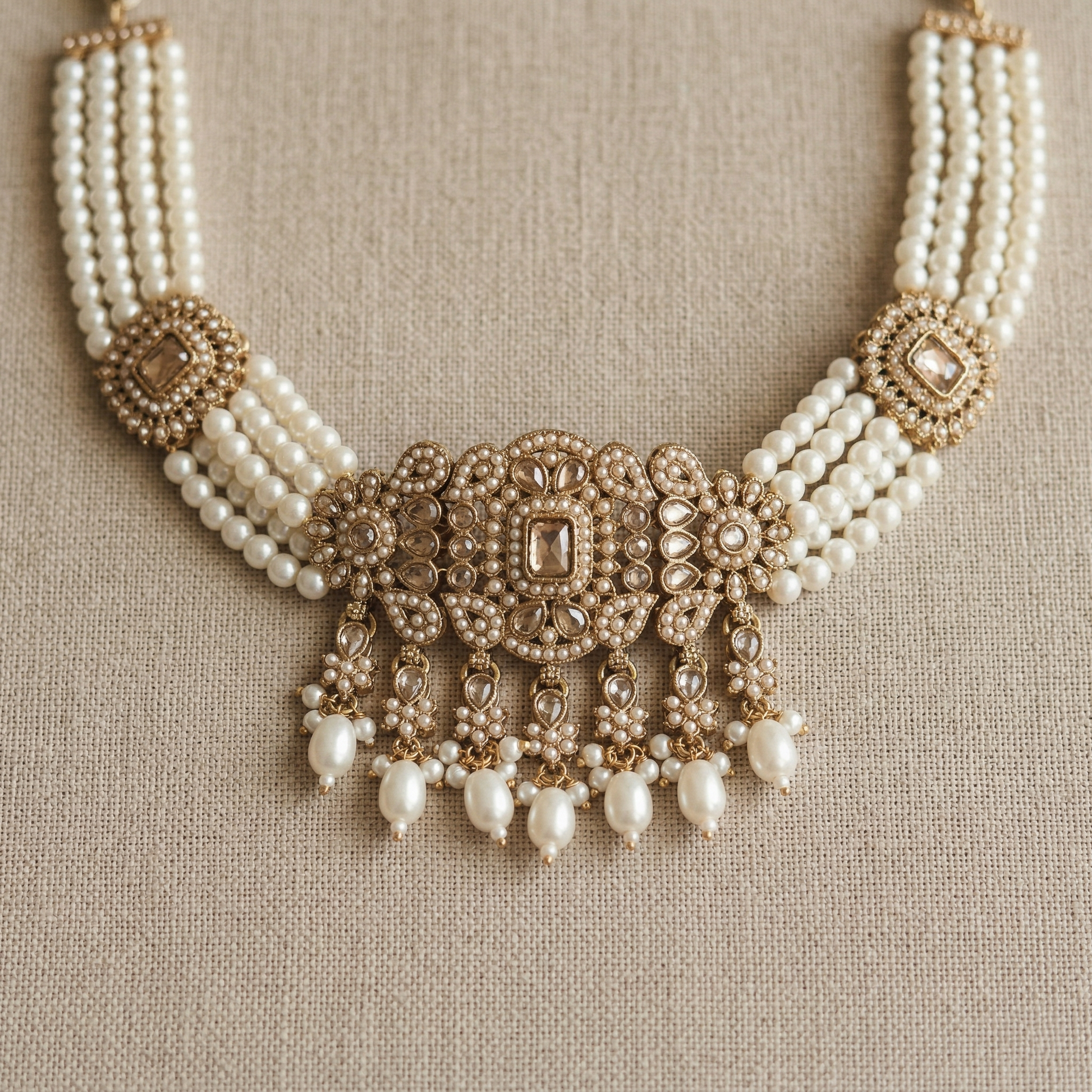 Elegant pearl necklace with gold accents on a beige fabric background