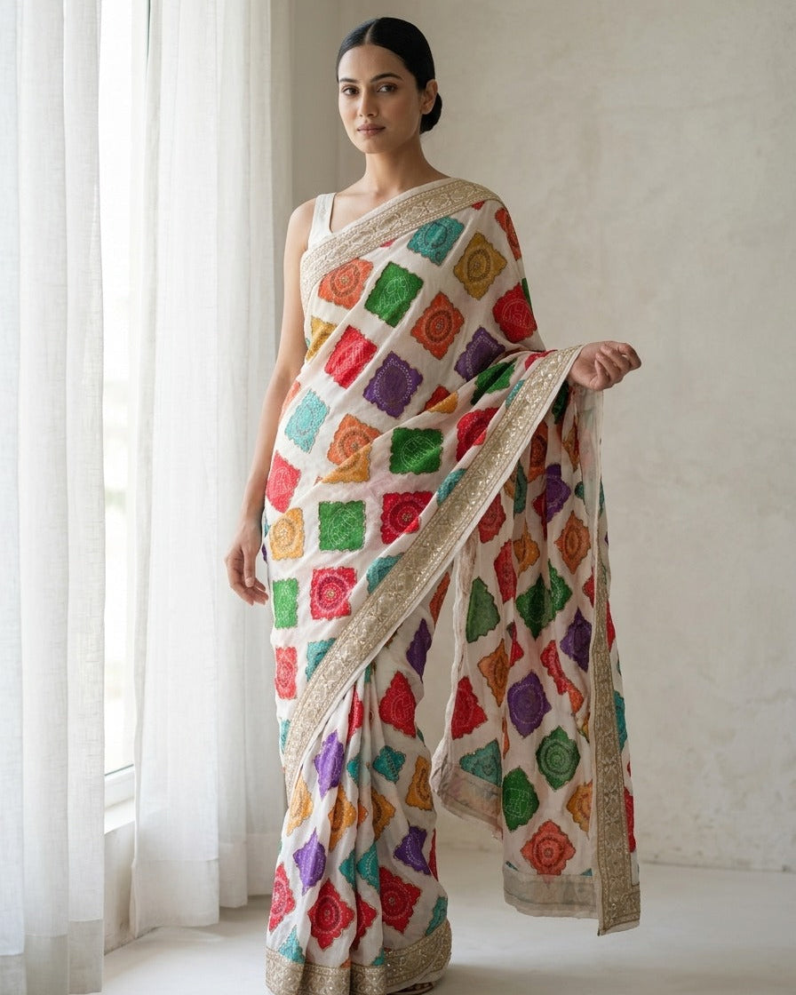 Woman wearing a colorful patterned saree in a bright room.