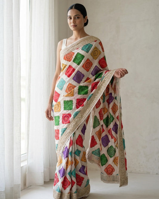 Woman wearing a colorful patterned saree in a bright room.