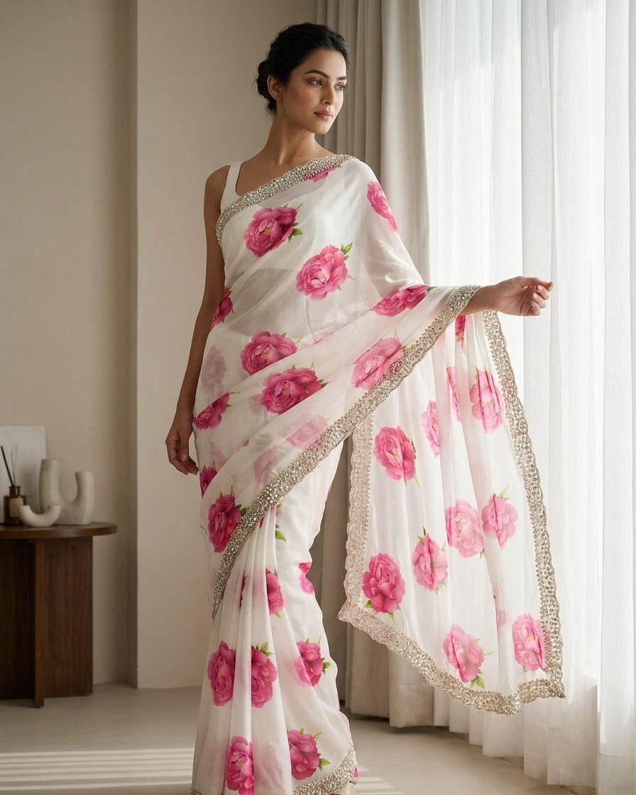 Woman wearing a white saree with pink floral patterns in a bright room.