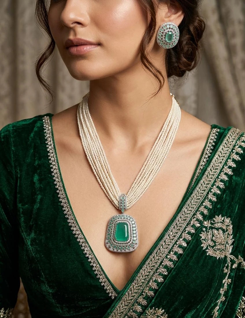 Neelam Noor Emerald Veil Pearl Necklace