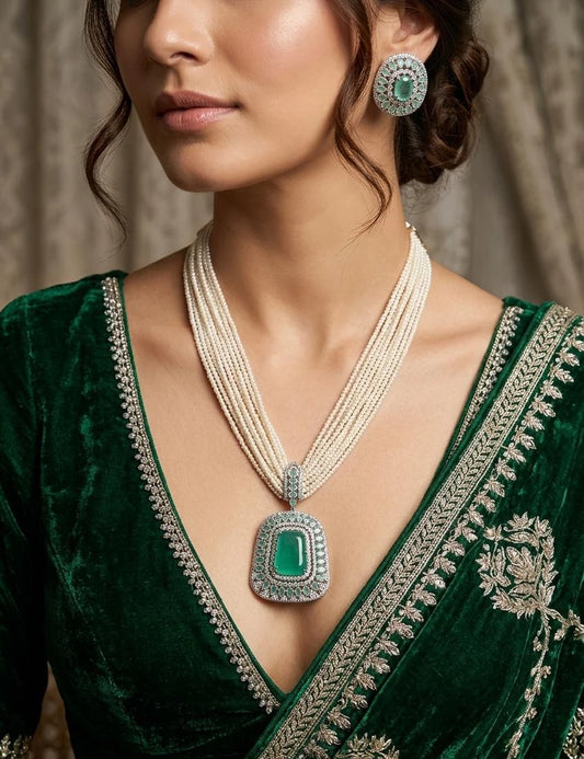 Neelam Noor Emerald Veil Pearl Necklace