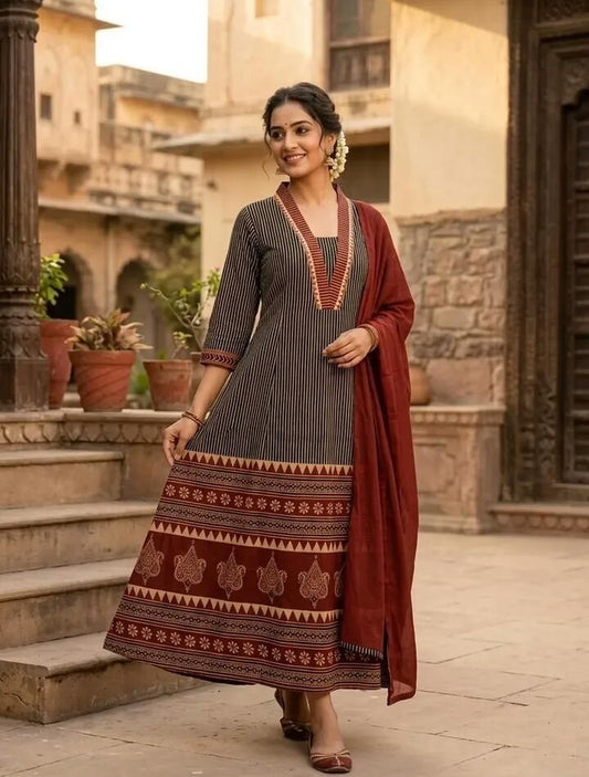 Rust Veil Cotton Anarkali Set