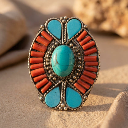 Decorative ring with turquoise and orange stones on a sandy background
