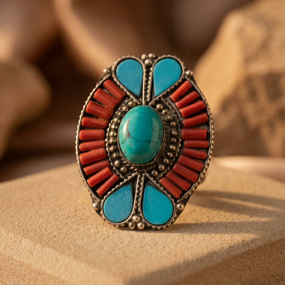 Decorative ring with turquoise stones and red accents on a textured surface