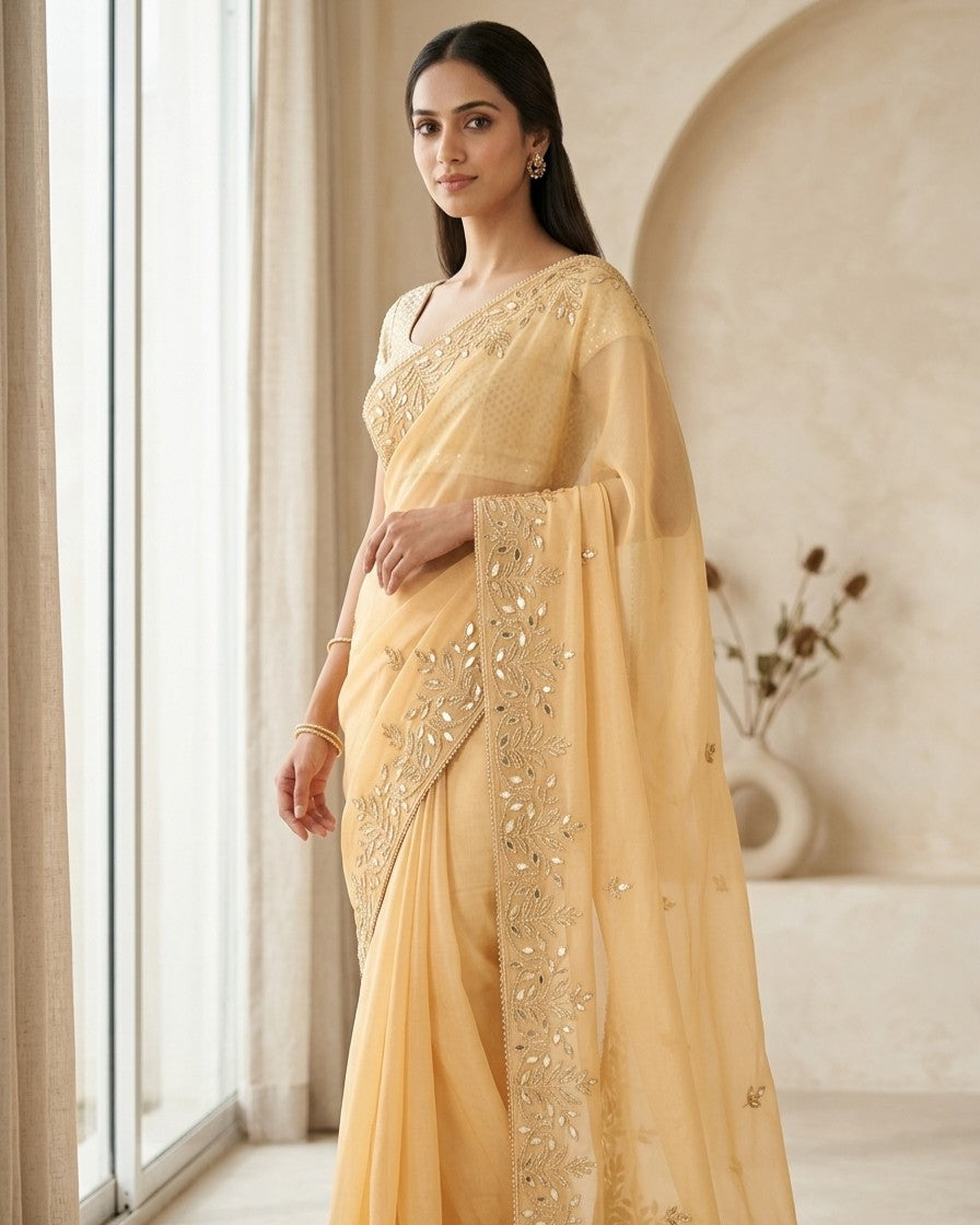 Woman wearing a light yellow saree with intricate designs in a room with large windows.