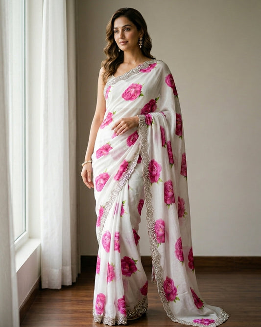 Woman wearing a white saree with pink floral patterns in a room with a window.