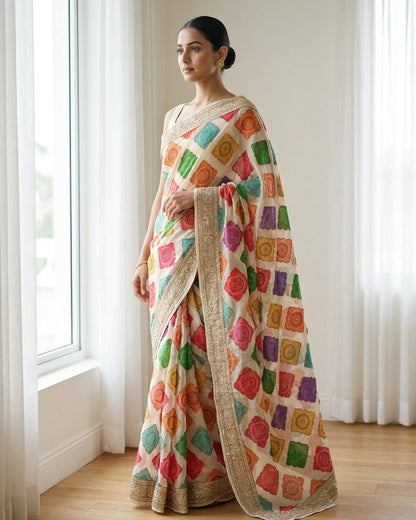 Woman wearing a colorful saree with a geometric pattern in a bright room.