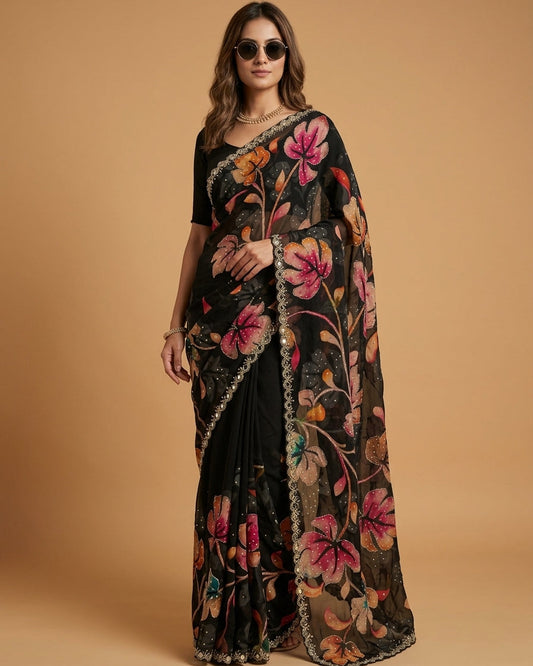 Woman wearing a floral saree with a beige background
