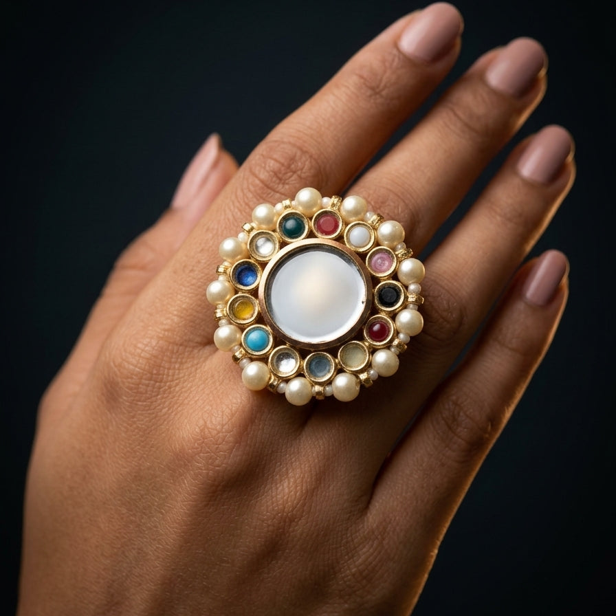 Hand wearing a decorative ring with pearls and gemstones on a dark background