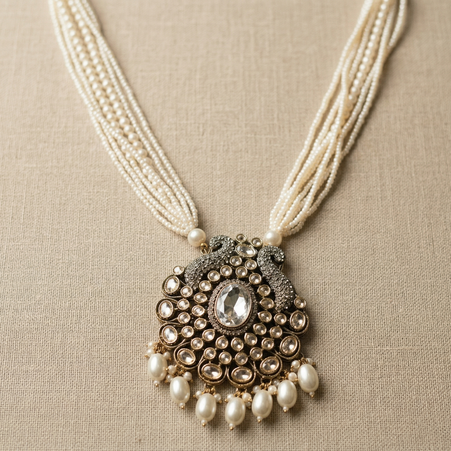 Necklace with a decorative pendant and pearl strands on a beige background