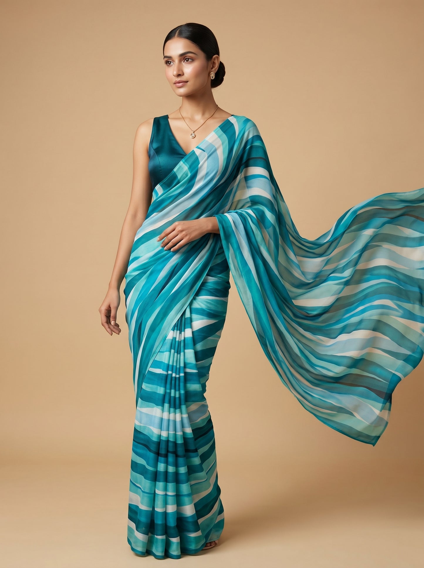Woman wearing a blue and green striped saree against a beige background