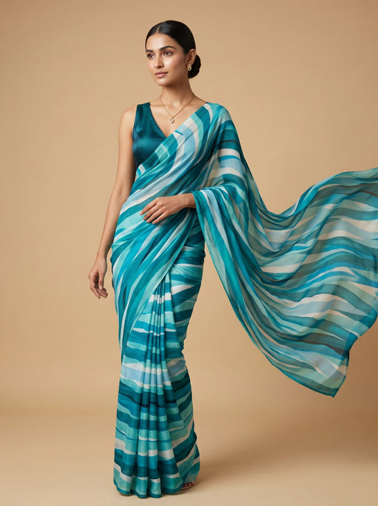 Woman wearing a blue and green striped saree against a beige background
