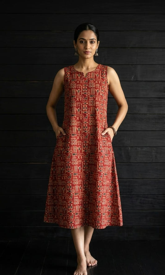 Woman wearing a red patterned dress against a dark wooden background