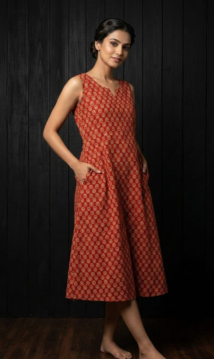 Woman wearing a red patterned dress against a dark background