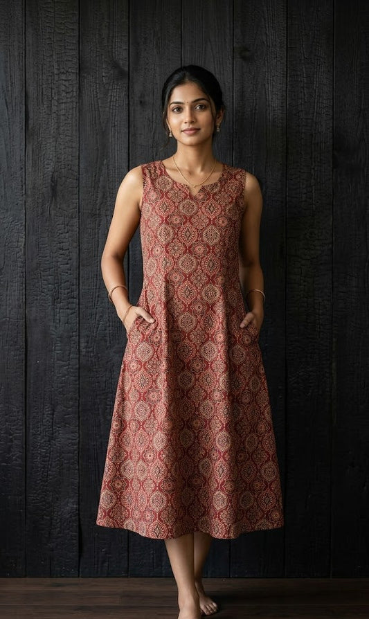 Woman wearing a patterned dress against a dark wooden background