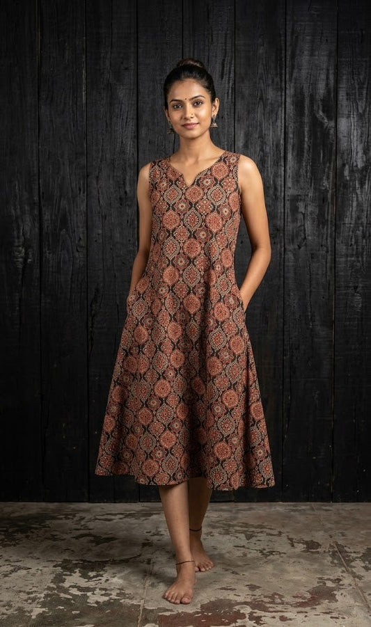 Woman wearing a patterned dress against a dark background