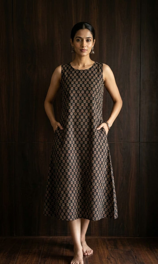 Woman wearing a patterned dress standing against a dark wooden wall.